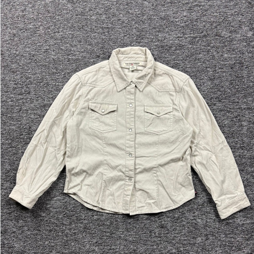 Vintage 90s Polo Jeans Ralph Lauren Corduroy Button Up Shirt Cream Size Medium